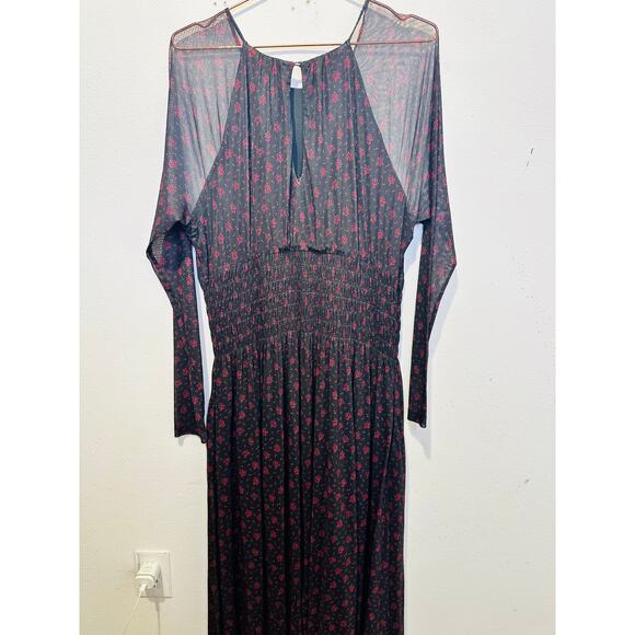 MADEWELL Black Red Smocked Midi Floral Print Sheer Lined Dress size XXL - Picture 11 of 15